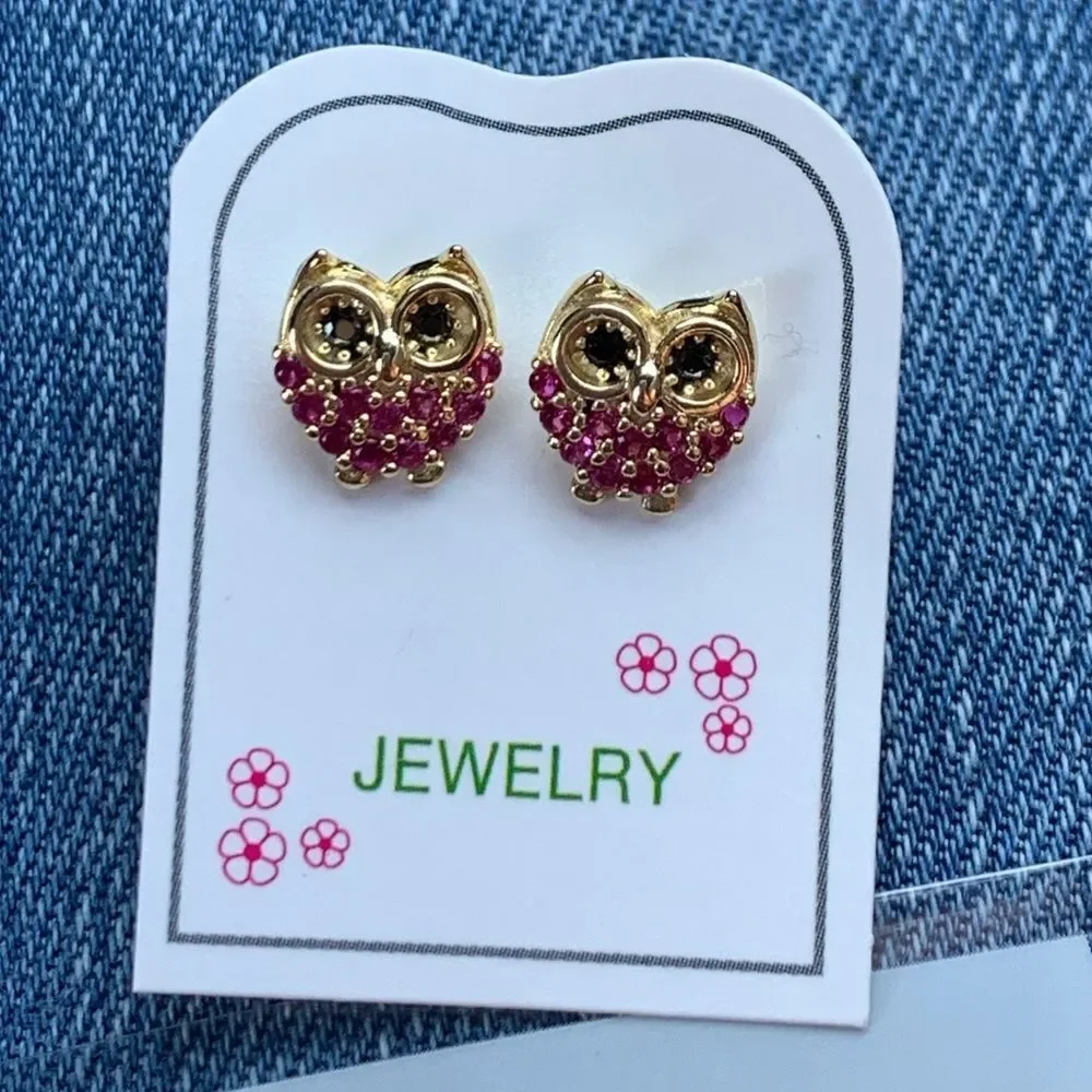 14k gold plated Red Owl CZ Girls Earrings